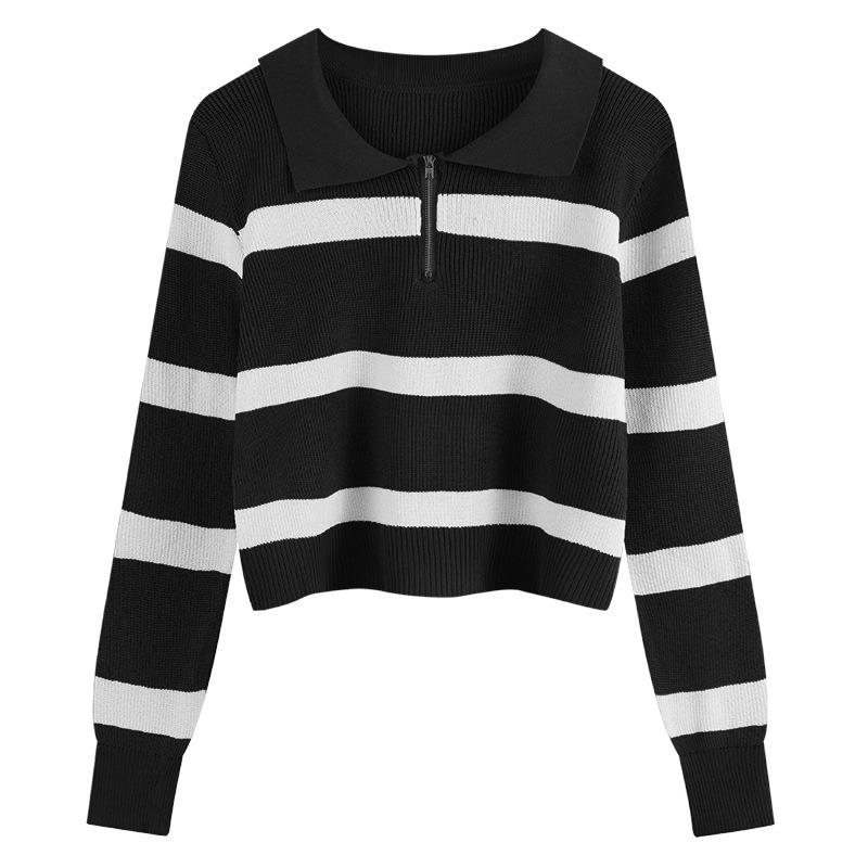 olo neck striped knitted sweater early autumn new women's clothing design sense short unique chic clothes