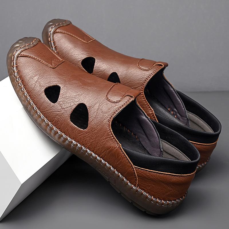 Genuine leather men's shoes 2025 new summer hollow breathable hole shoes soft sole non-slip shoes leather shoes