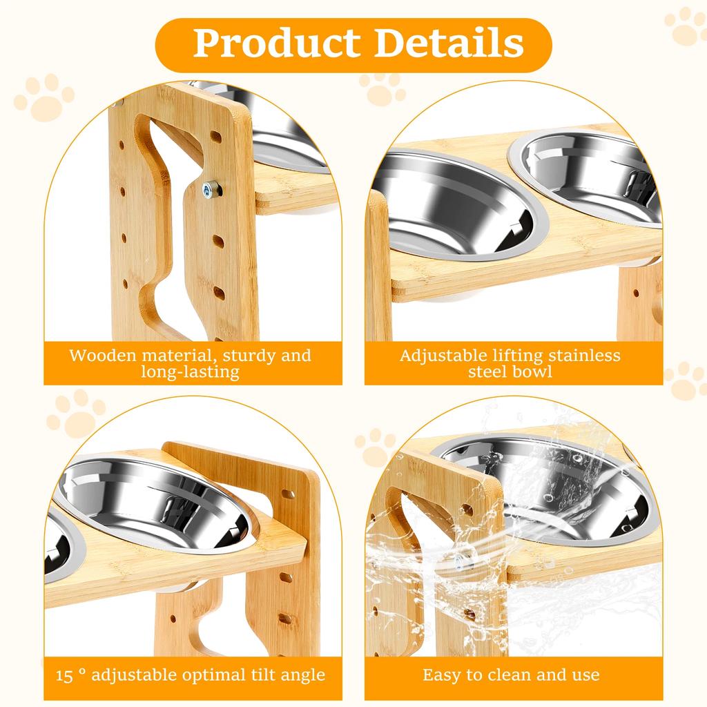 Elevated Dog Bowls Wood Tilted Adjustable Dogs Feeder Stand with Stainless Steel Food Bowls for Your Cat and Dog Pet Accessories