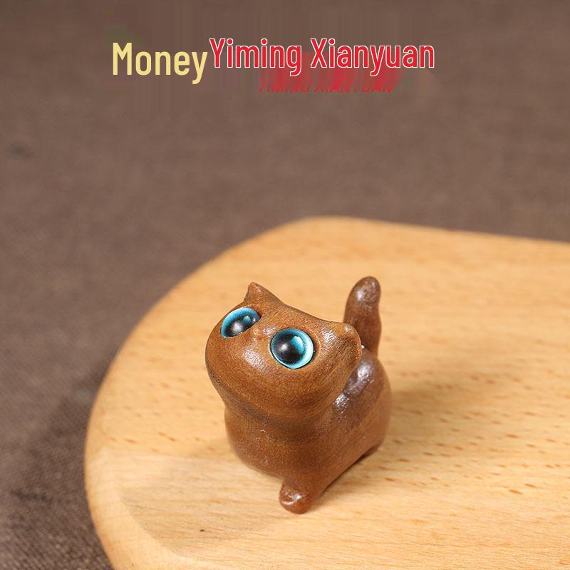 Ebony Wooden Kitten: Mini Curious Cat Figurine Ornament