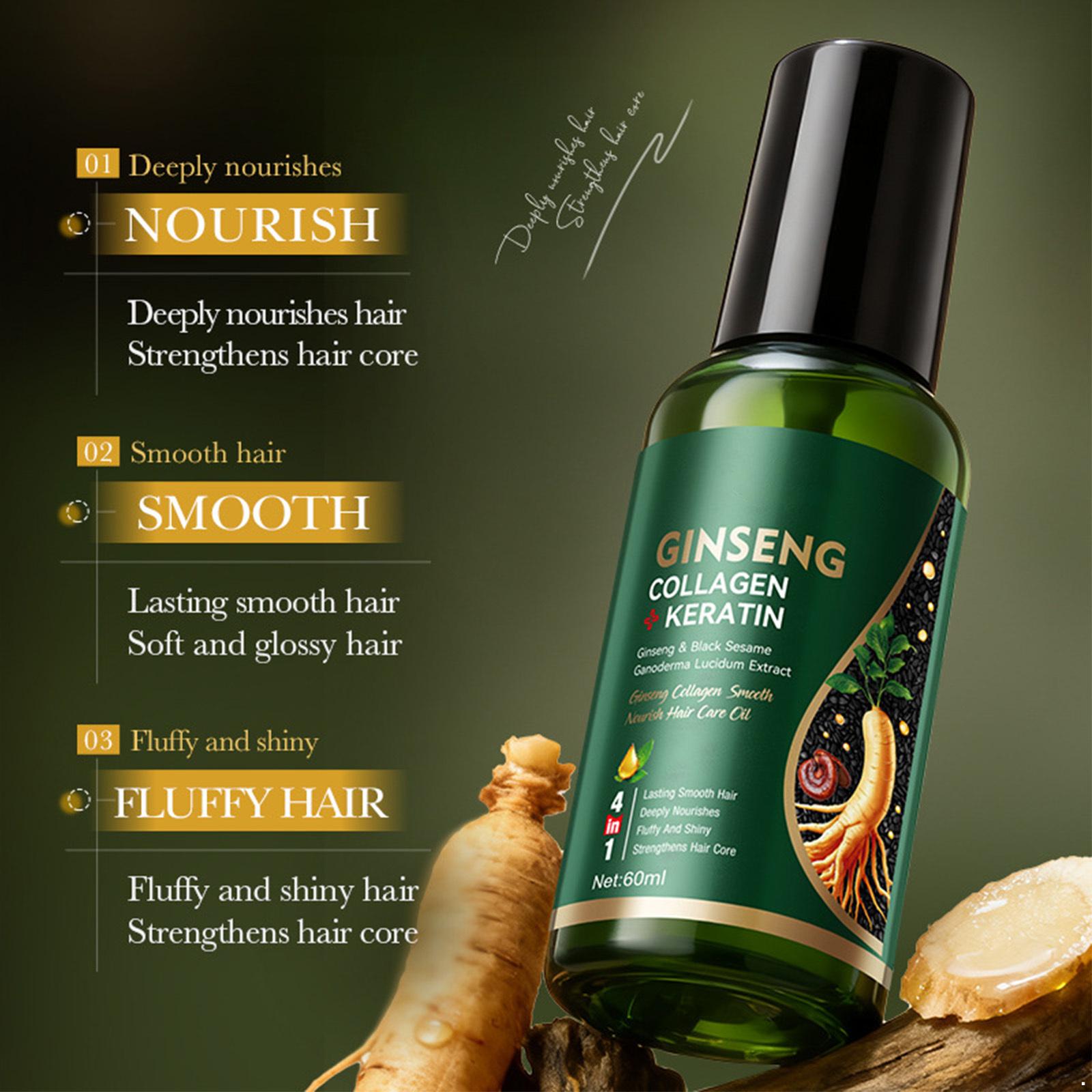 

60ml Hair Essential Oil with Ginseng, Collagen & Keratin, Plant-Based Nourishing Care for Dry Rough Hair and Split Ends One Size