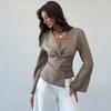 Women's Spring/Fall Elegant Pleating Waist Asymmetric Hem Flare Sleeve V-Neck Pullover Blouse Commuting Back Zip Slim Fit Tops