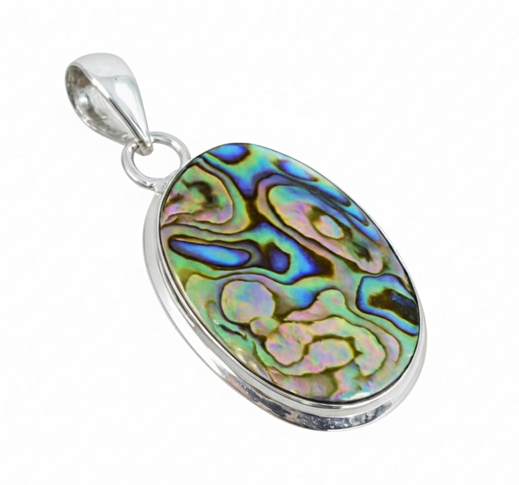 Oval Abalone Shell Pendant, Solid 925 Sterling Silver, Colorful Statement Necklace Charm