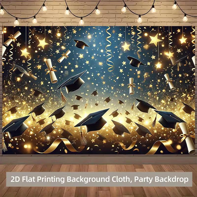 2D Class Party Backdrop Graduation Caps, Gold Stars and Streamers Party Background Cloth