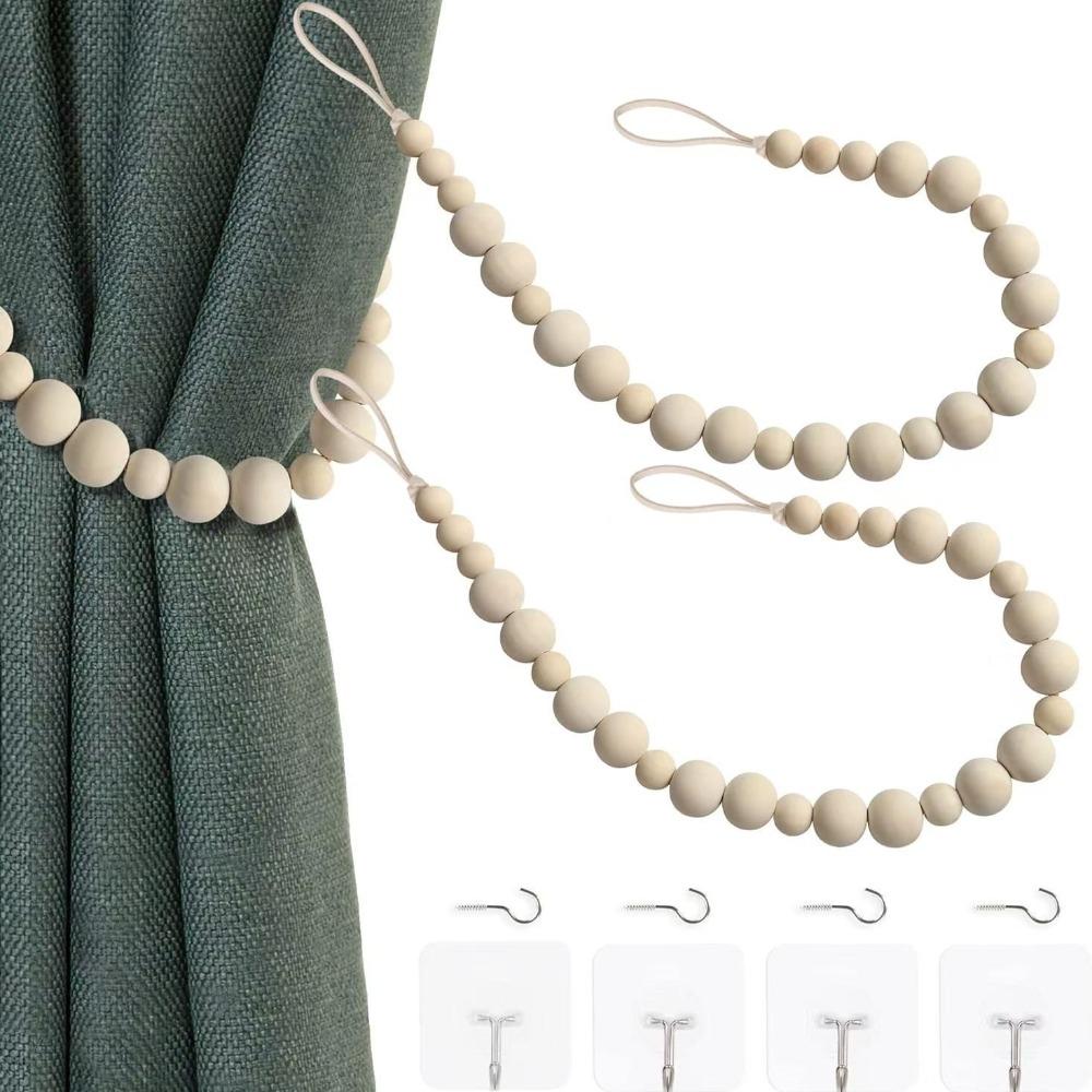 

2PCS Farmhouse Style Curtain Tie Rope Wood Beads Bead Curtain Buckles Home Decor 1