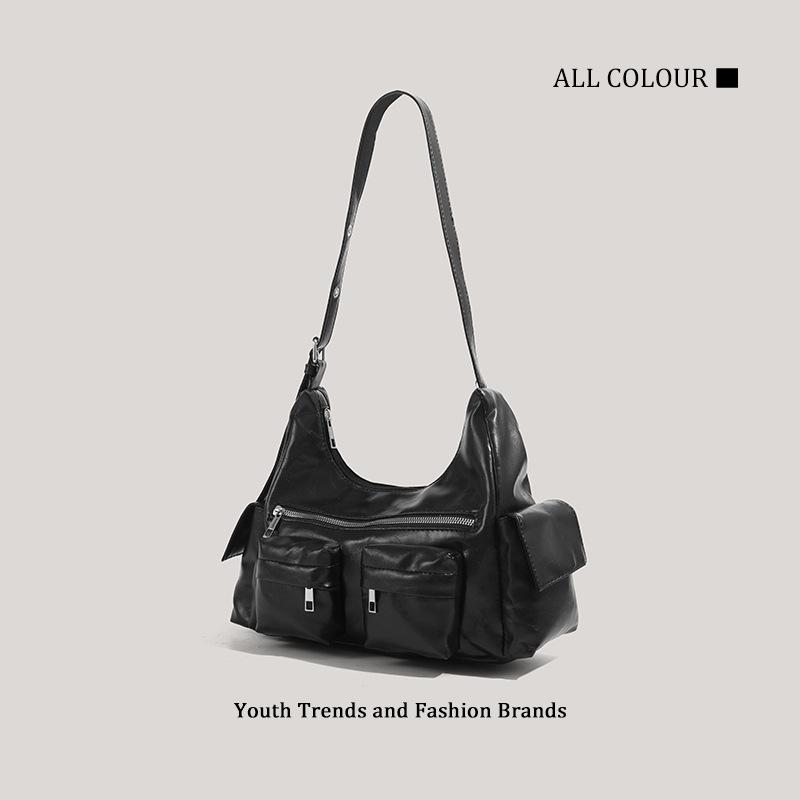 Cool Motorcycle Style PU Leather Women's Shoulder Bag Simple Solid Color Ladies Messenger Bag Multiple Pockets Female Armpit Bag