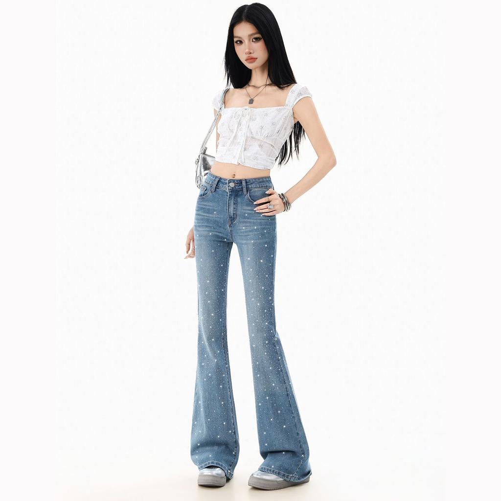 Spring Summer All Star Rhinestone High Waist Slim Stretch Light Tone Fashion Micro Flare Denim Pants Women Casual Pants Oversize Denim Trousers