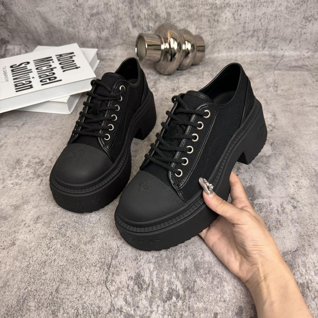 Women's Platform Cross Strap Derby Shoes - Chunky Sole, Genuine Leather, Canvas, Color Block, Height Increasing, Versatile, Petite Friendly.