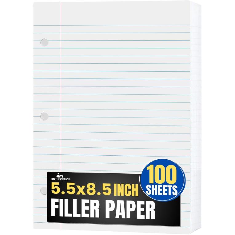 1InTheOffice College Ruled Filler Paper 5.5 x 8.5 Mini Binder Filler Paper, White, 100 Sheets/Pack