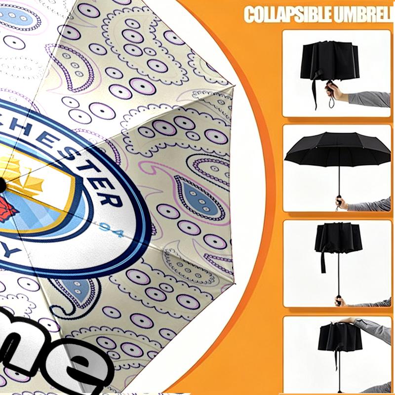 Custom Name Personalized Manchester City FC Print Umbrella, Auto Open Close, 8‑Rib Sturdy Frame, Commute Camping Hiking Use, Birthday Gift