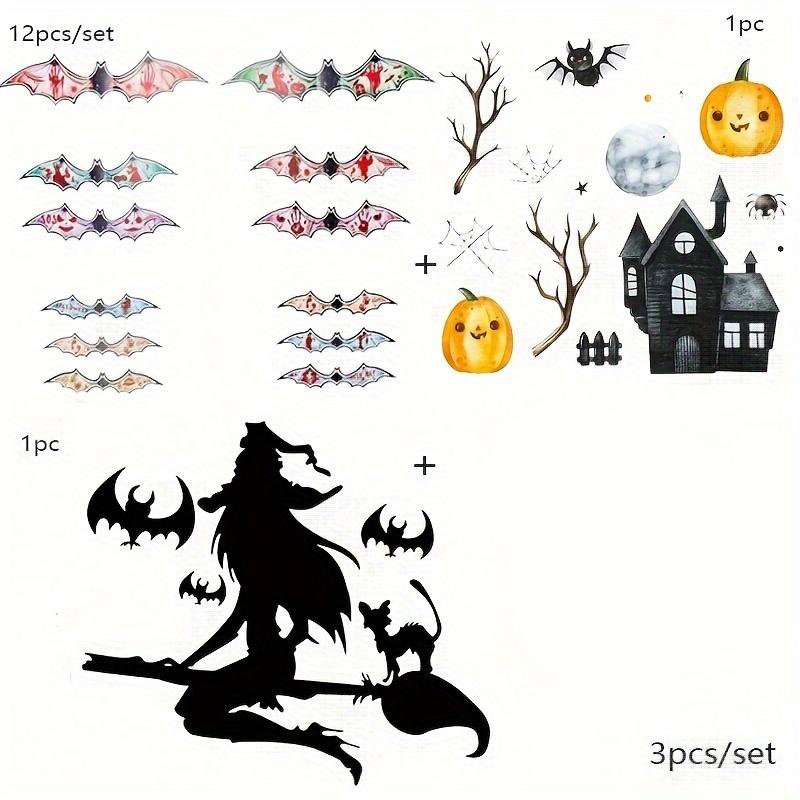 Halloween 3D Night Light Bat Wall Stickers, Witch Bat Broom Flying Stickers, Pumpkin House Horror Stickers