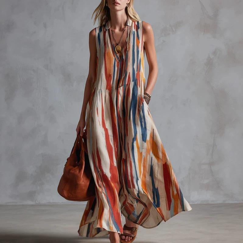 2026 European and American retro fashion beige abstract striped cotton and linen dress