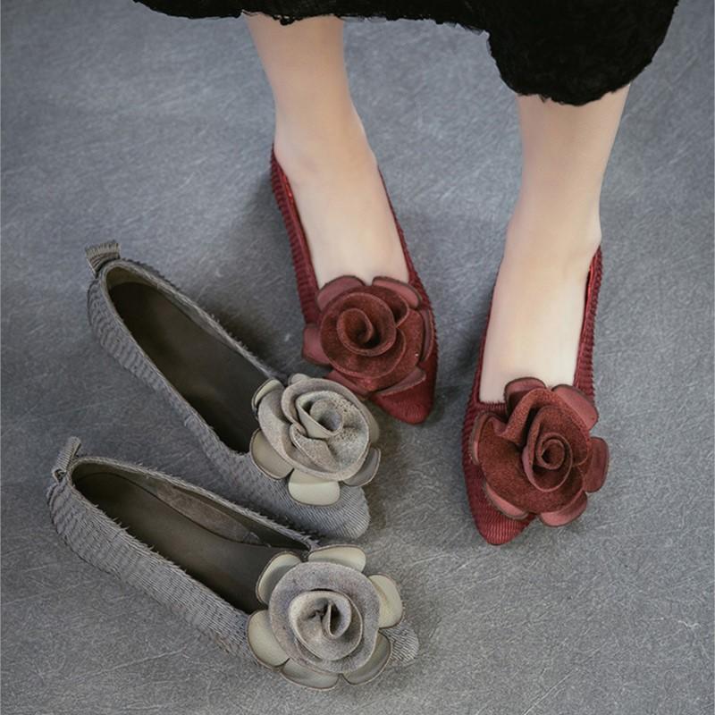 Johnature Genuine Leather Flower Low Heeled Shoes Retro Lightweight And Comfortable Women's Slip-on Shoes