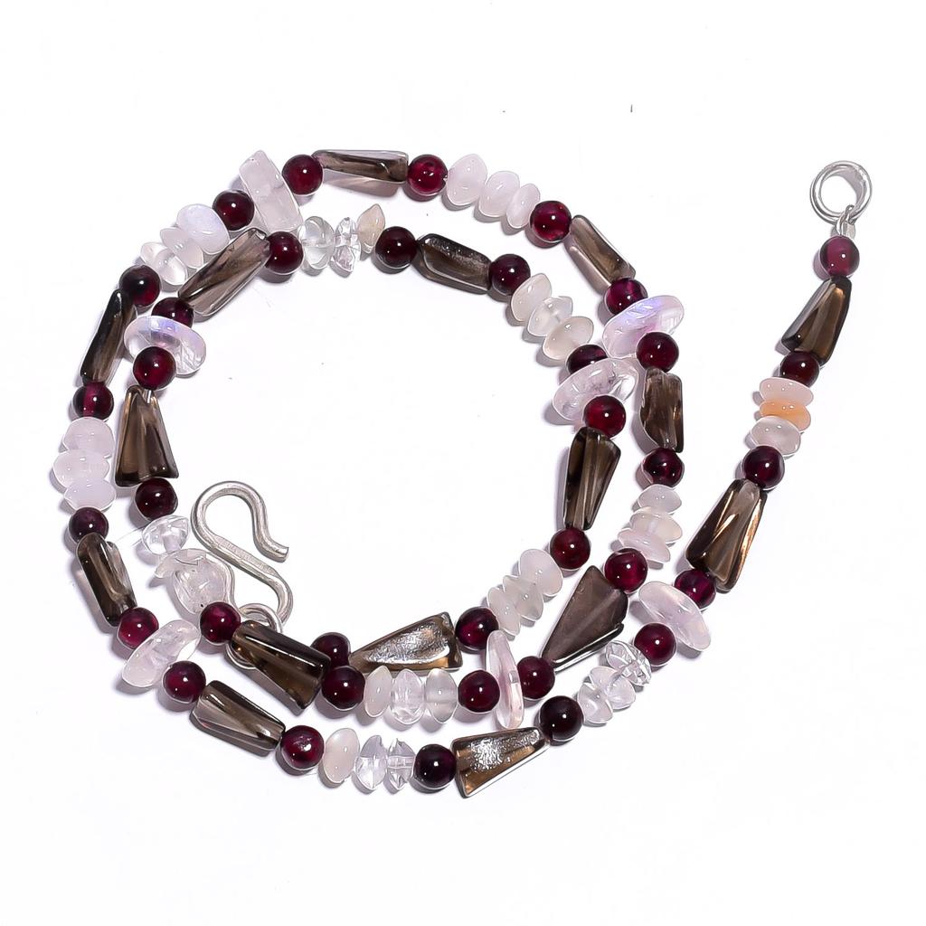 Natural Smoky Quartz Moonstone Garnet Gemstone Smooth Beads Necklace 17" UB-4415 UB-4415