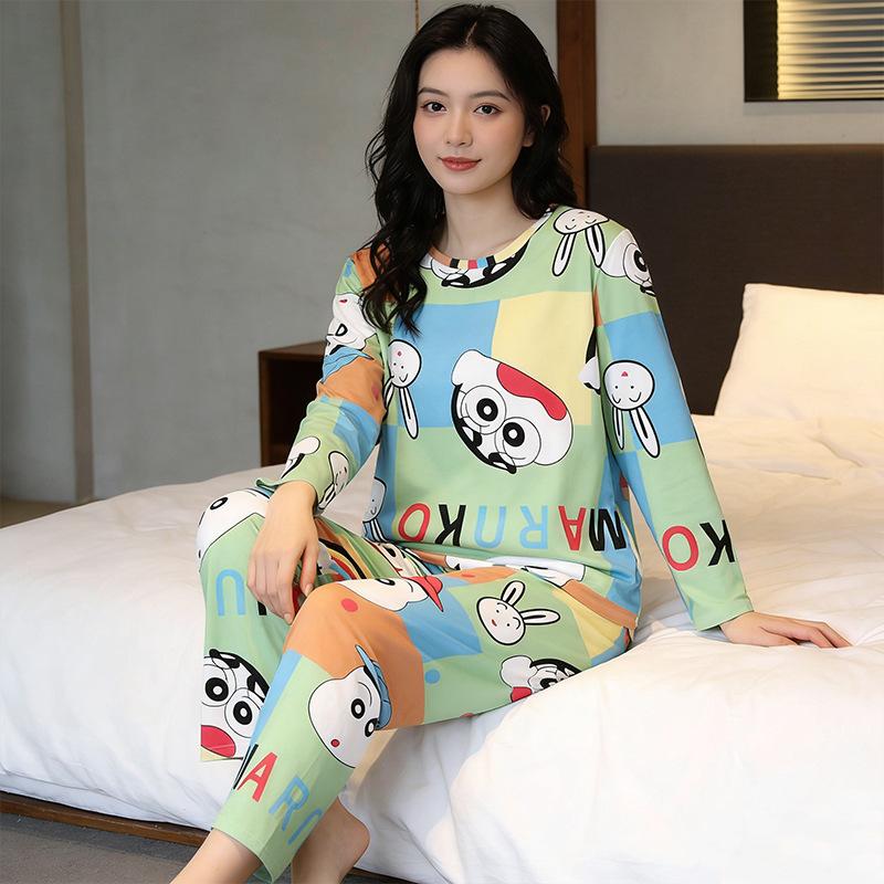 Spring and Autumn women's cartoon pajamas, pink girl cat print long-sleeved suit, loose loungewear