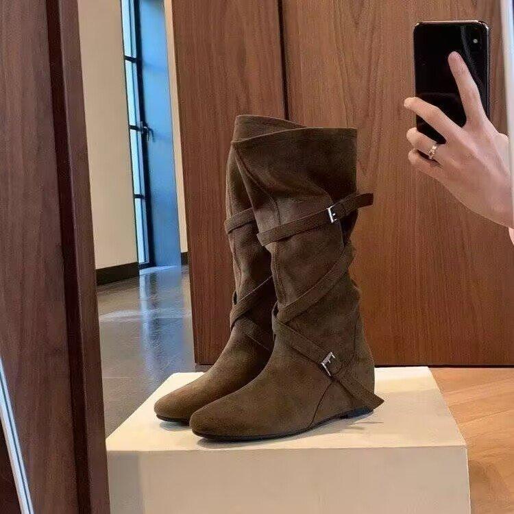 [Spot version] Norwegian stacking boots~ 5cm inner height increase cross buckle medium and high cowboy boots women's western boots