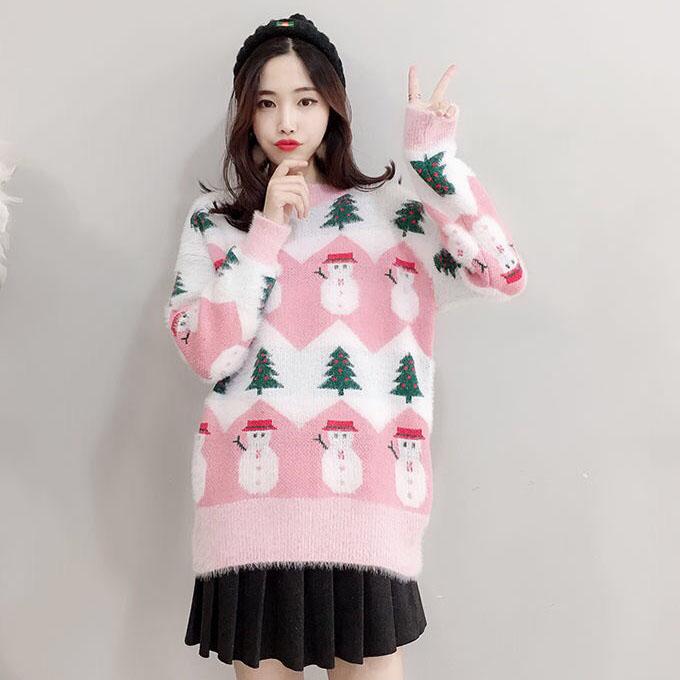 Female Large Size Vintage Loose Print Sweaters Women's Autumn and Winter Sweet Style Knitted Pullover Tops