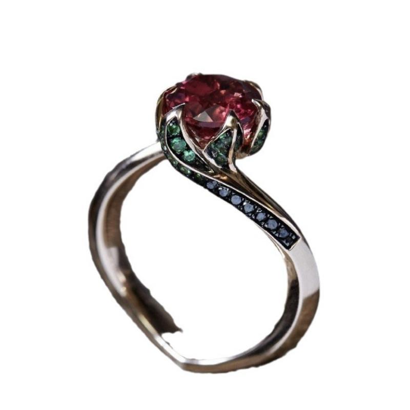 Anello in Zircone Rosso in Oro Rosa Anello Creativo da Donna a Forma di Rosa
