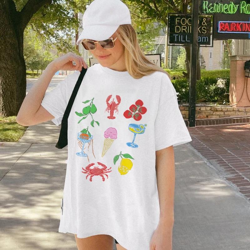 Women Retro Italian Food TShirt Cute Lobster Seafood T Shirt Cocktail Fruit Graphic Tee La Dolce Vita Shirt Summer Vacation Top