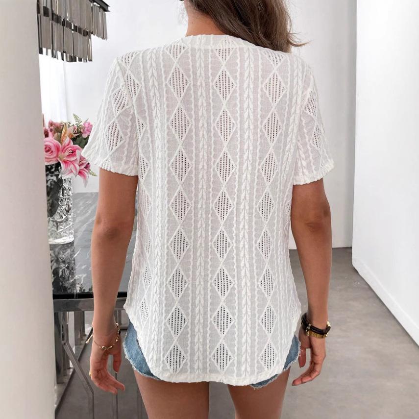Ladies Summer Short Sleeve V Neck Hollow Mesh Solid Color Pullover T Shirt Top