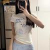 Summer Cotton Women's T Shirt Cute Cartoon Print Casual Slim Fit Round Neck Short Sleeve T-Shirts Harajuku White Y2k Top