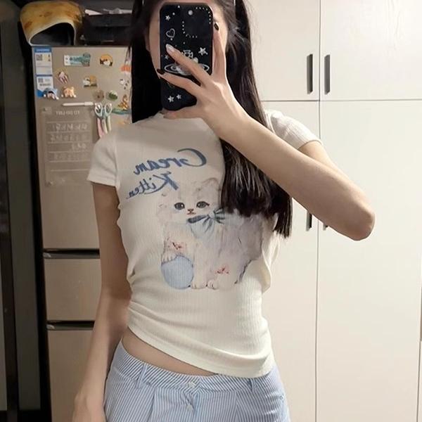 Summer Cotton Women's T Shirt Cute Cartoon Print Casual Slim Fit Round Neck Short Sleeve T-Shirts Harajuku White Y2k Top