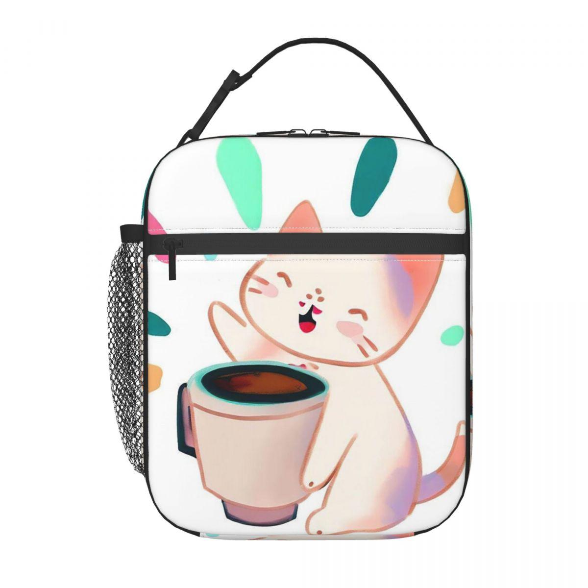 

White Cat Holding Coffee Cup Pattern Insulated Lunch Bag for Women Kids Portable Food Boxes Thermal Lunch Box Tote One Size