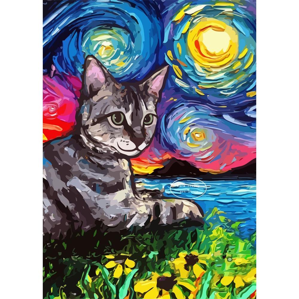 5D Diy Diamond Painting Cross Stitch Embroidery Mosaic Funny Black Cat Flower Van Gogh The Starry Night Full Round Drill Home Decor Wall Art Gift