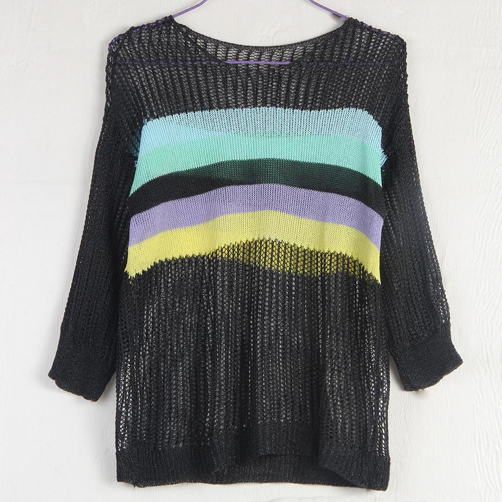 

Летняя женская модная трикотажная рубашка с полыми рукавами Y2k, сетчатый топ с половиной рукавов One size чёрный