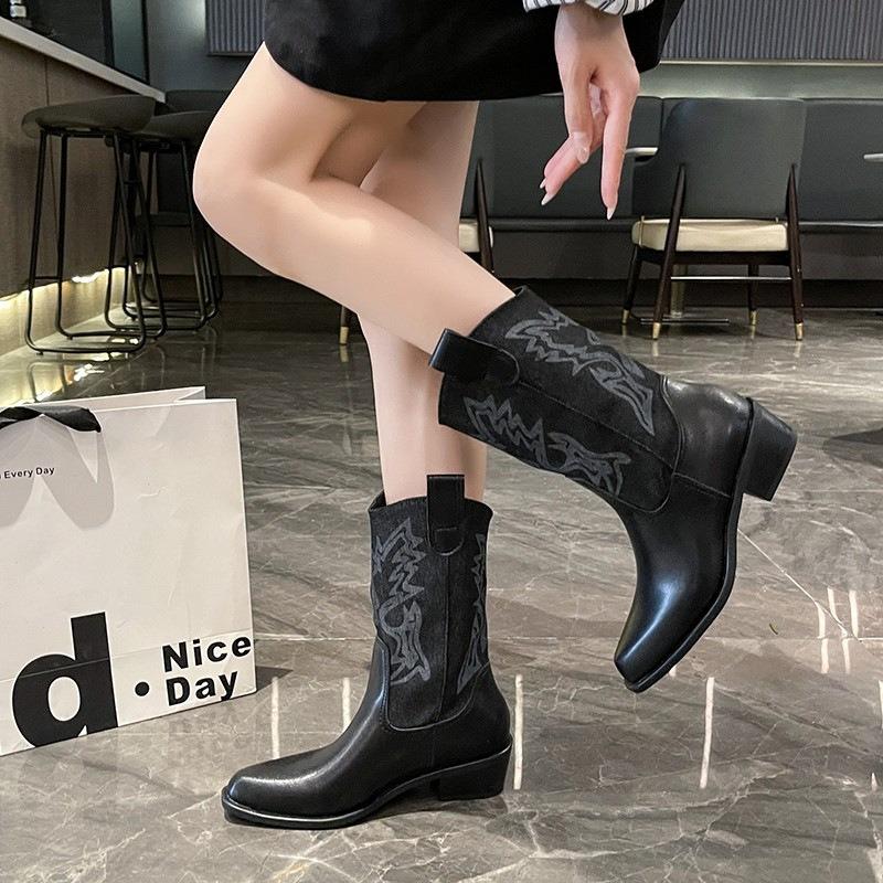 Coarse-heeled western boots women's autumn new with skirt retro pointed mid-boots high-heeled short boots