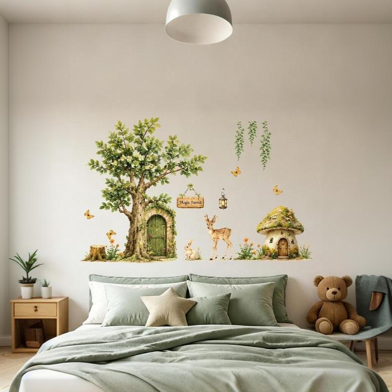 2Pcs Magic Forest Themed Wall Decal With Deer Rabbit Mushroom Designs Easy Peel And Stick For Kids Bedroom Nursery Decor