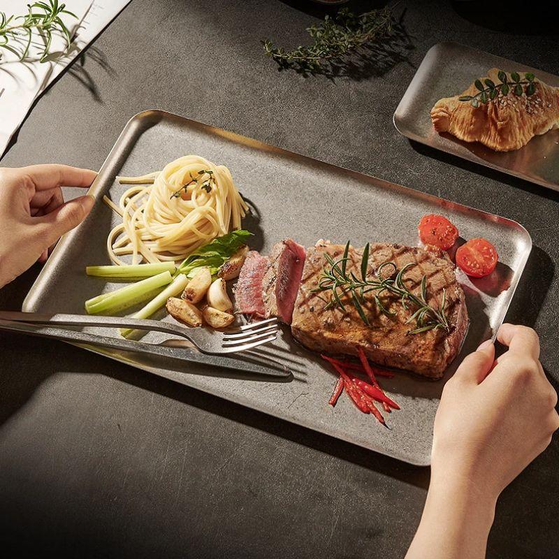 High Quality 304 Stainless Steel Steak Plate Tray Bbq Tableware Dish Serving Plate Tea Cup Trays Food Rectangular Plate Decor Quality