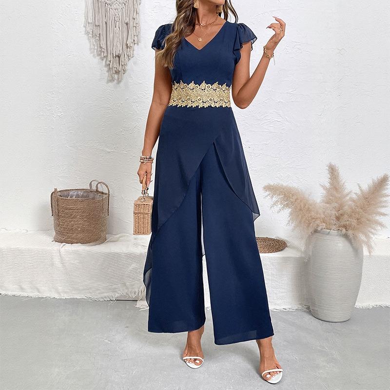 YYFS Women's Fashion Casual Summer Spring Solid Color Print Short Sleeve V-Neck High Waist Trousers Jumpsuits & Rompers