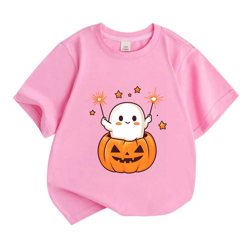 Kids Boys Girls 100% Cotton Crew Neck Short Sleeve T-Shirt, Cute Ghost In Pumpkin Hold Sparklers Print Casual Halloween Tee for Children Daily Wear Pa