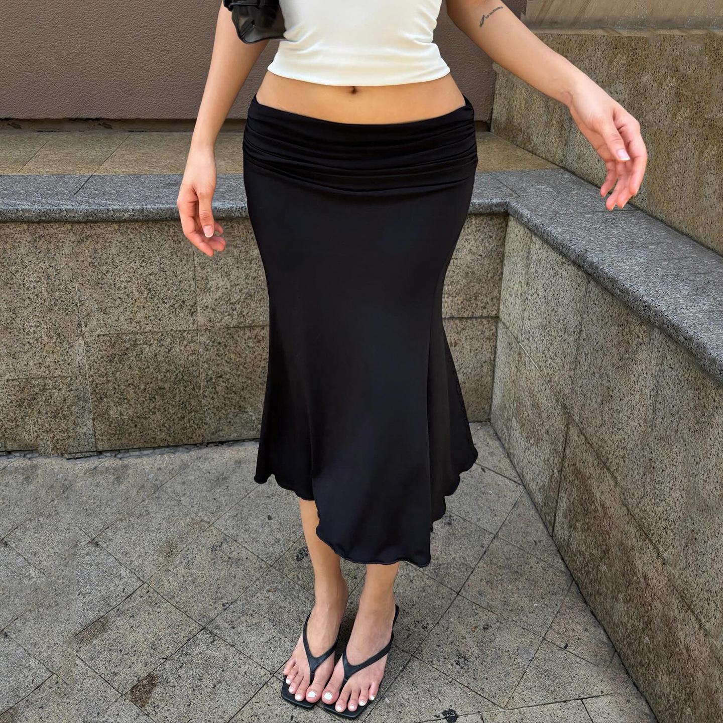 

Women s Low Waist Ruched Midi Skirt - Black Slim Fit Mermaid Flare Hem, Elegant Chic Style L