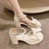 Mary Jane High Heels Women's Summer New Pearl Bow Thick Heel Non-slip Versatile Small Leather Shoes Bridesmaid Shoes