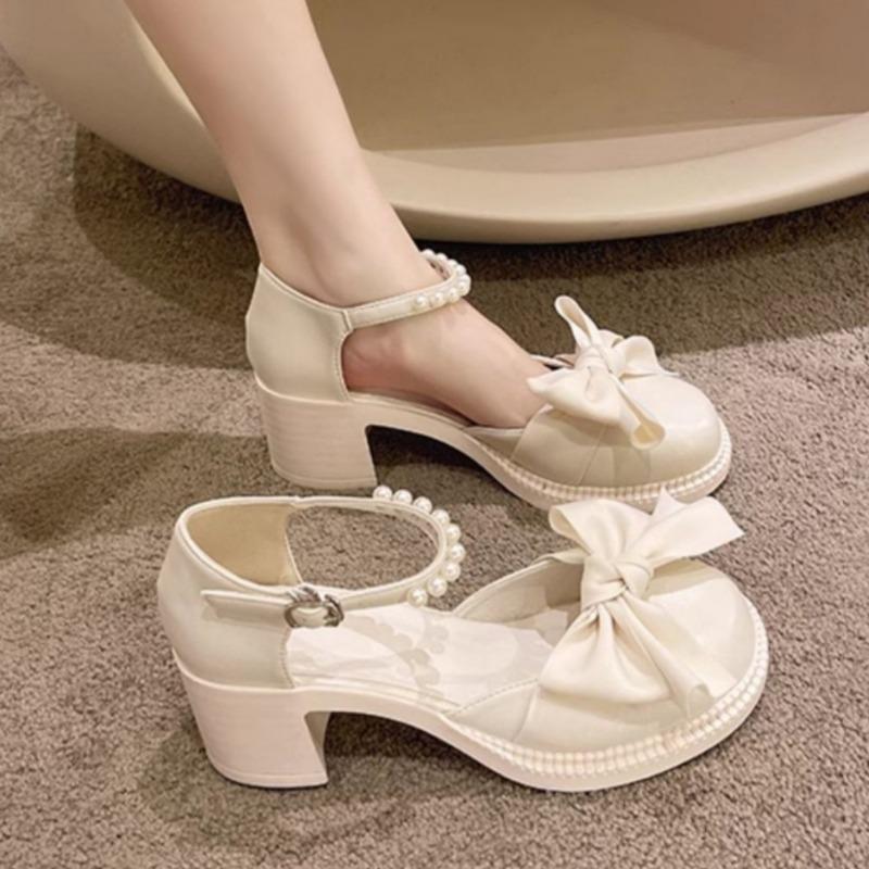 Mary Jane High Heels Women's Summer New Pearl Bow Thick Heel Non-slip Versatile Small Leather Shoes Bridesmaid Shoes