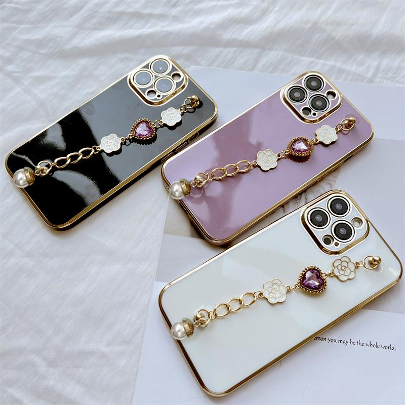 Luxury Flower Love Heart Wrist Phone Chain Soft Case for iPhone 14 13 11 Pro Max 12 Samsung Galaxy S22 Ultra S21 S20 Infinix Tecno 6D Plating Cover