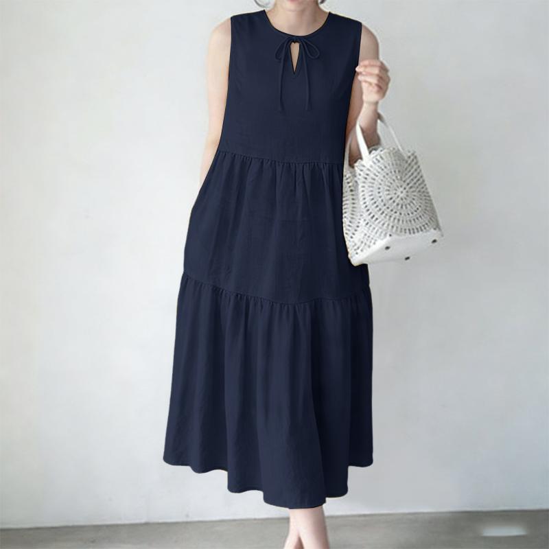ZANZEA Women Casual Round Neck Loose Sleeveless Dress