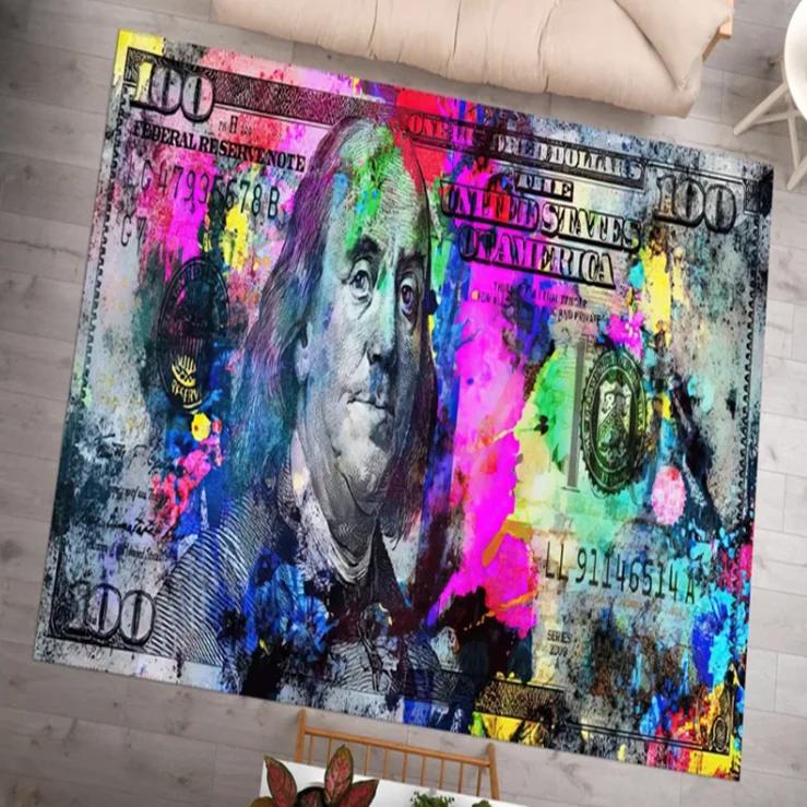 100 Dollar Bill Area Rug Non-Slip Polyester Money Rug Living Room and Bedroom Decoration Carpet