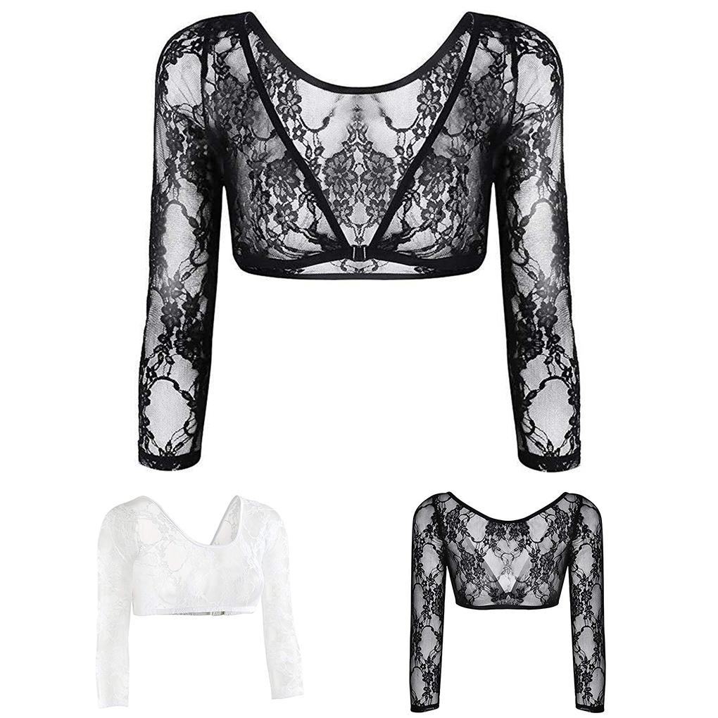Women Girl Crop Top Solid Mesh Lace Open Front Long Sleeve Base T\-Shirt