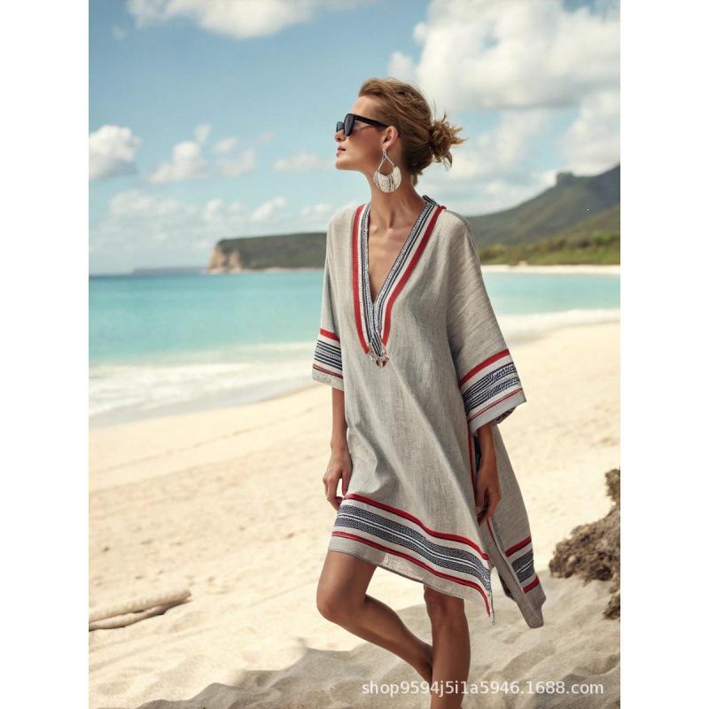 2026 women's V-neck dress seaside vacation 3D printing loose skirt beach