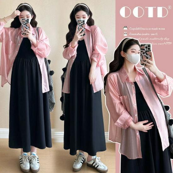 2026 Spring/Summer Korean Style Sun Protection Shirt & Patchwork Camisole Dress Set M