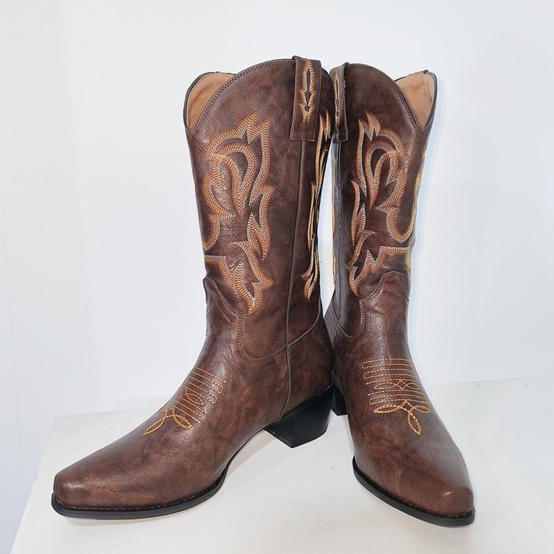 Fashion Pointed toe boots with embroidery, medium-heeled thick heels, large-size slip-on mid-calf western boots for women