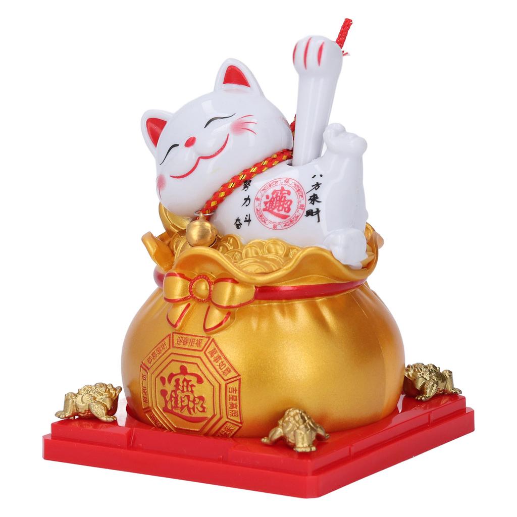 Lucky Cat Statue Plastic Solar Light Sensing Automatic Waving Arm Fortune Bag Cat Ornament for Home Car Dashboard Decoration