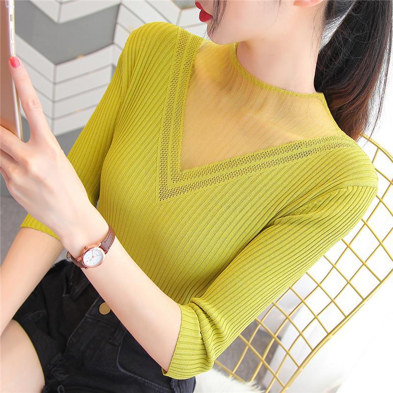 

Ice Silk V-neck Hollow-out Patchwork Lace Short Sleeve T-shirt Women s Summer Pullover Mid-sleeve Knit Base Layer Top Trendy 2XL