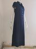 Maxi abito in denim stile europeo americano, casual, con colletto a camicia, gonna svasata con tasche a fessura