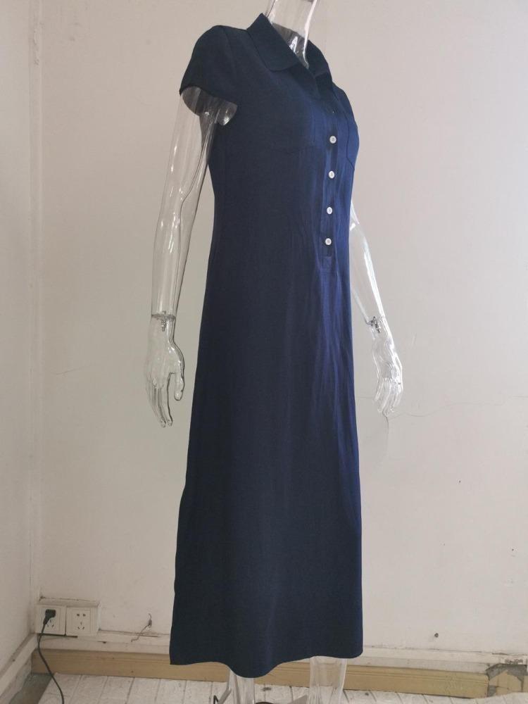 Maxi abito in denim stile europeo americano, casual, con colletto a camicia, gonna svasata con tasche a fessura