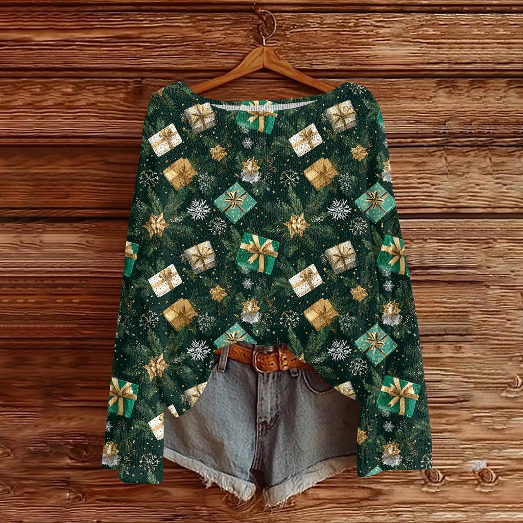 Women's Casual Fashion Round Neck Top Christmas Print Long Sleeve Knit Pullover