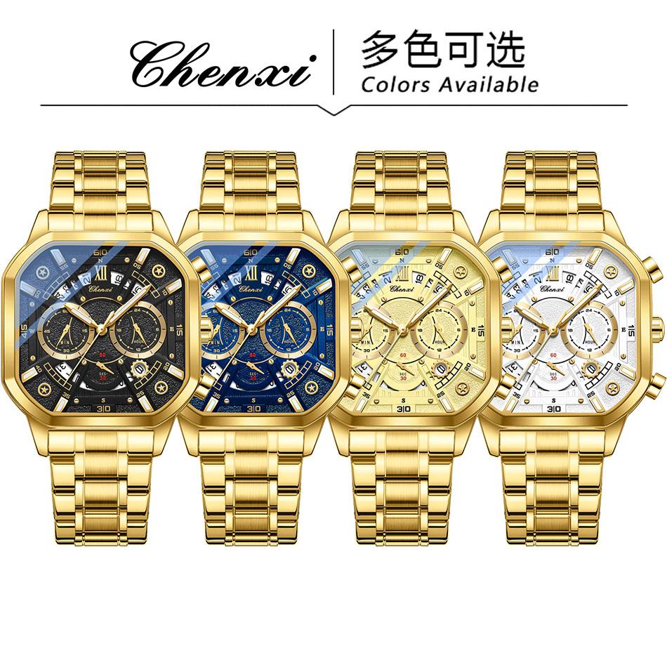 Original CHENXI Watch Fashion Multi-functional Calendar Quartz Luminous Gold Stainless Steel Waterproof Square Watches For Men